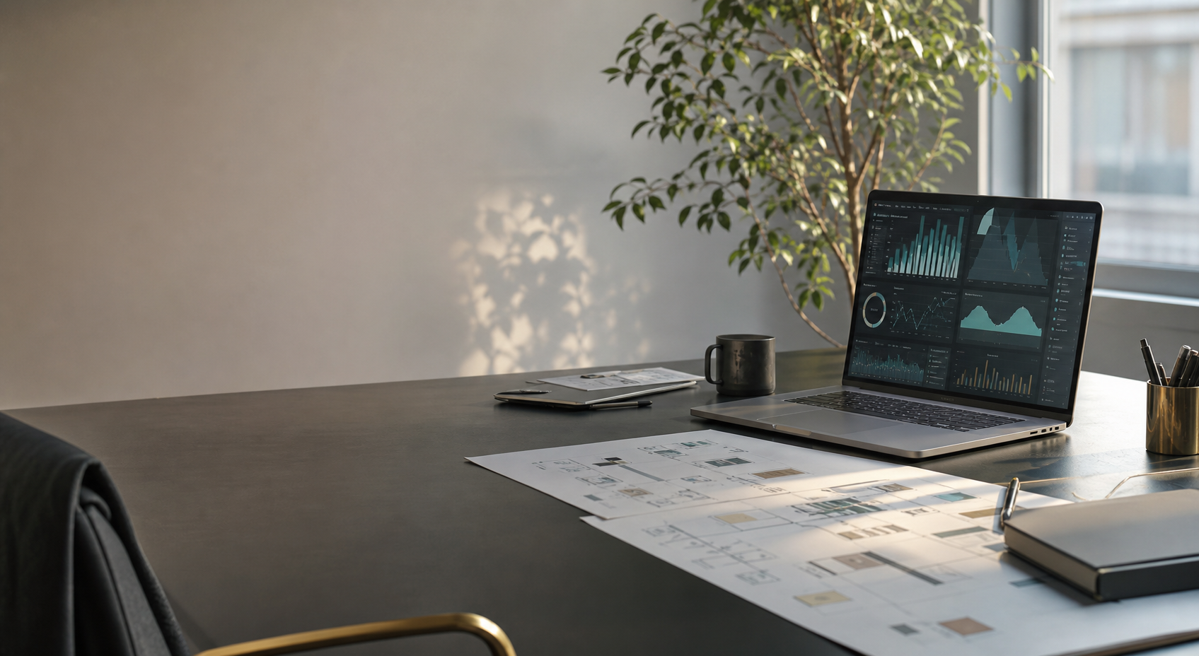 A modern data strategy workspace with diagrams, dashboards, and notes.